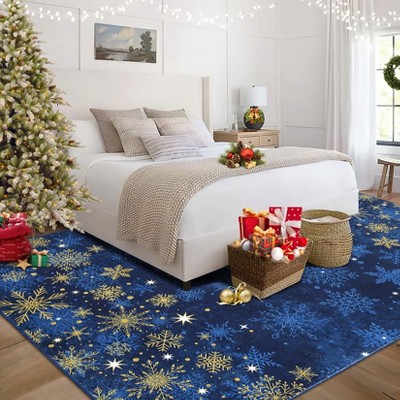 Christmas Snowflake Area Rug with Non-Slip Backing, Machine Washable Low Pile Carpet for Living Room and Bedroom Holiday Decor