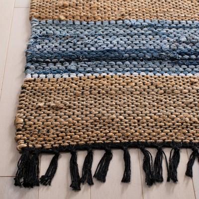 Handmade Blue and Natural Cotton Cowhide Striped 8' x 10' Area Rug