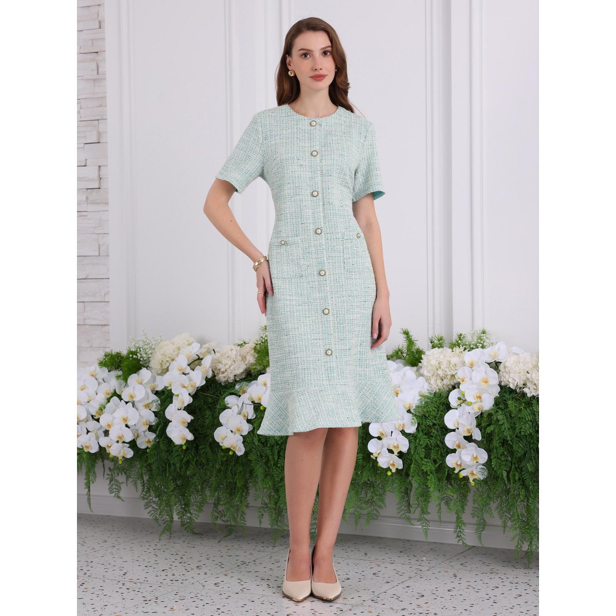 Женские платья INSPIRE CHIC Women's Short Sleeve Elegant Work Fishtail Tweed Bodycon Mermaid Dress Small Cyan — фото 2