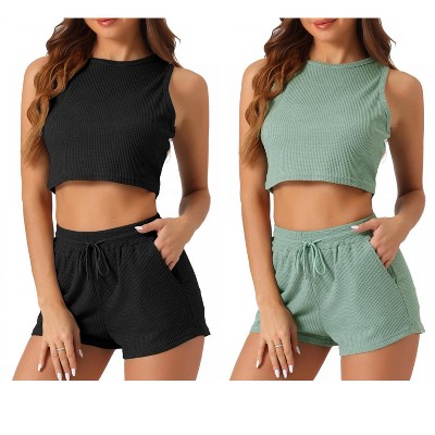 cheibear Women's 2 Pack Waffle Sleeveless Tank Top and Shorts Pajamas 2 Piece Sets