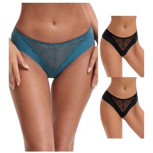 INSPIRE CHIC Women's Mid Waisted Briefs Smooth Silky Panties Soft Lace Breathable Underpants 3 Packs - 1 of 4