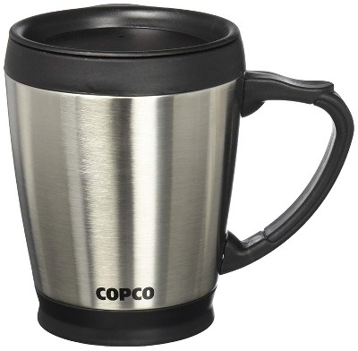 Copco Desktop 16 Ounce Stainless Steel Coffee Mug With Easy Grip Handle - Silver W/ Black Lid ...