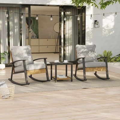 Sonkuki 3-Piece Patio Bistro Set, Rocking Chair Modern Patio Furniture Sets with Side Table and Cushions