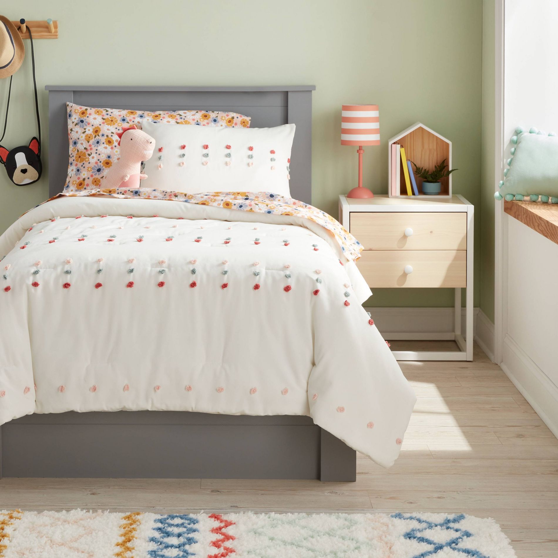 Full/Queen Pom Kids' Comforter Set Cream - Pillowfort™: Quilted Bedding, Polka Dot Pattern, OEKO-TEX Certified