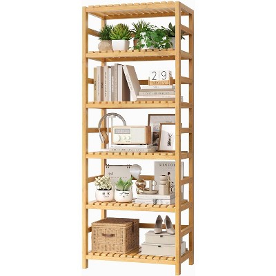 6-Tier Bamboo Shelf, Bamboo Bookcase with Adjustable Shelves, Free Standing Storage Shelf Unit