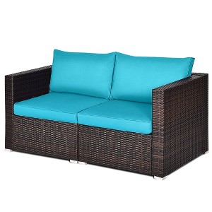 Tangkula 2PCS Rattan Corner Sofa Set Patio Outdoor Furniture Set w/ 4 Blue Cushions - 1 of 4