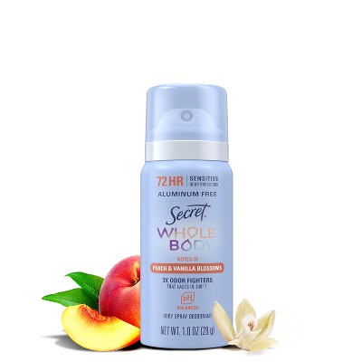Secret Whole Body Aluminum-Free Deodorant Spray - Travel Size - Peach & Vanilla - 1oz: Paraben-Free, Sensitive Skin