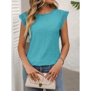 Women's Lace Panel Short Sleeve Tee - Solid Color Crewneck Cropped Top - 1 of 4