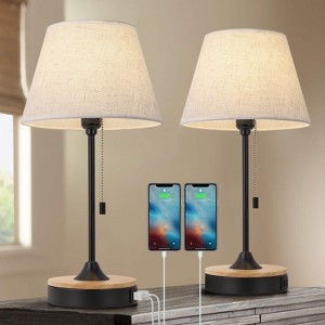 Oumilen Wood Base Table Lamp with Fabric Shade, USB Ports and AC Outlet, Set of 2 - 1 of 1