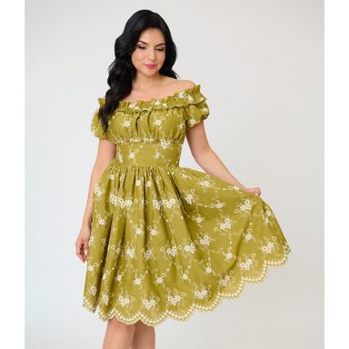 Unique Vintage Chartreuse Eyelet Off The Shoulder Ruffle Swing Dress
