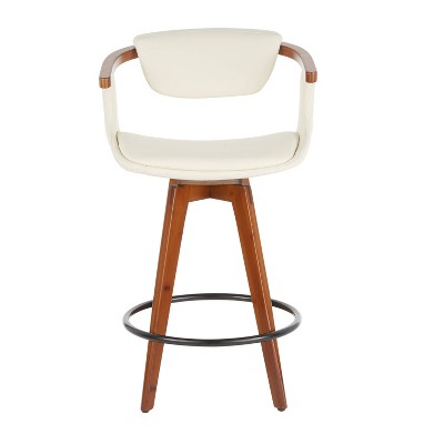 Mid-Century Modern Cream Swivel Counter Stool with Walnut Wood Frame