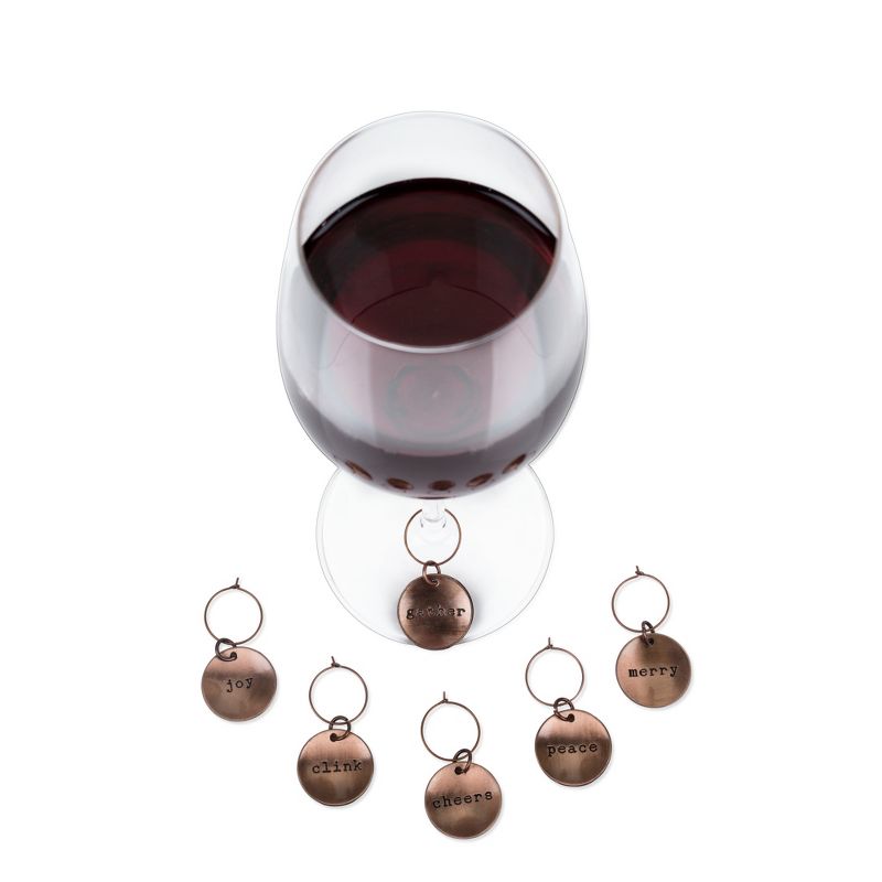 TWINE Brushed Copper Holiday Wine Charms for Glass Identification, Drink and Party Accessories, Zinc Alloy, set of 6, 3 of 5