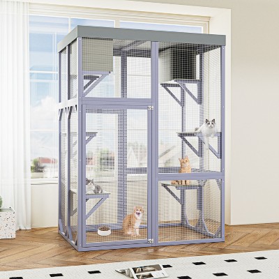 Outdoor Wooden Catio Cat Enclosure with 4 Platforms & 2 Napping Houses - Nertpow