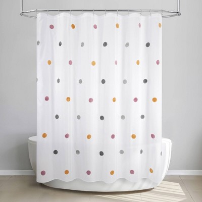 Playful Multicolor Pom Pom White Fabric Shower Curtain
