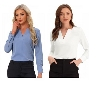 INSPIRE CHIC Women's Elegant Long Sleeve V Neck Work Office Blouse 2 Packs - 1 of 4