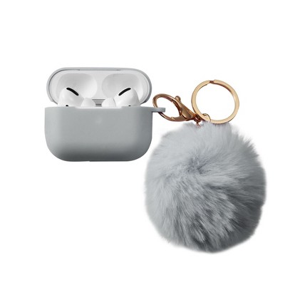 Insten Case Compatible with AirPods Pro - Cute Pom Pom Protective Silicone Skin Cover with Keychain & Anti-Lost Strap, Gray