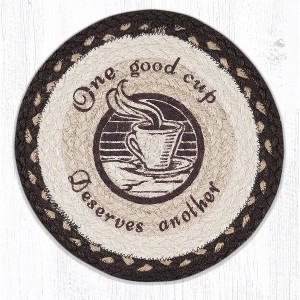Earth Rugs One Good Cup Printed Round Trivet – 10"x10" Braided Jute Coffee-Themed Hot Pad with Rustic Typography Design - 1 of 3