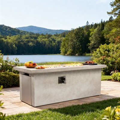 60" Propane Gas Fire Pit Table, 60000 BTU Rectangular Concrete Outdoor Fire Pit Table for Patio, Backyard, Deck, Garden & Courtyard, Light Grey