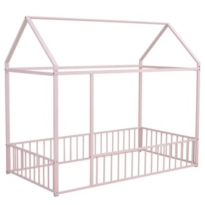 TopComfy Beds Twin Size Metal House Bed Frame With Safety Fence Sturdy Structure Kid Friendly Design for Bedroom, Pink, 79.53"*13.78"*3.74" - 1 of 4