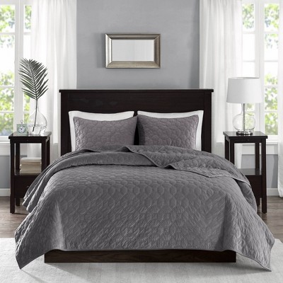Gray King Velvet Reversible Quilt Set with Shams