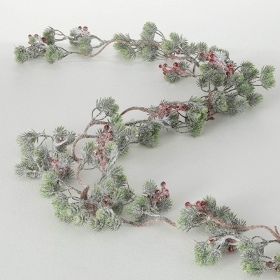 72"L Sullivans Artificial Snowy Pine Berry Christmas Garland, Green, Indoor Christmas Decor