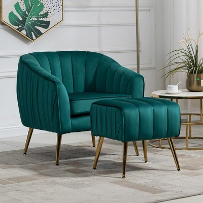 Velvet Accent Chair, Modern Barrel Chair With Ottoman, Arm Pub Chair For Living Room/Bedroom/Nail Salon, Golden Finished Velvet Decorative Chairs