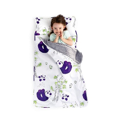 JumpOff Jo Toddler Nap Mat - Children's Sleeping Bag with Removable Pillow for Preschool, Daycare, and Sleepovers - 43 x 21 Inches - Playful Pandas
