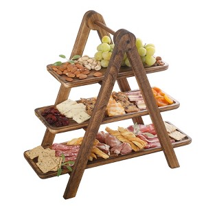Gibson Home Truss Peak 3 Tier Serving Tray for Party, 18" Acacia Wood Cupcake/Charcuterie/ Dessert Farmhouse Tiered Platters - 1 of 4