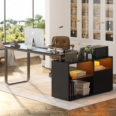 Aheaplus 62" L Shaped Computer Desk with File Drawer, LED Lights