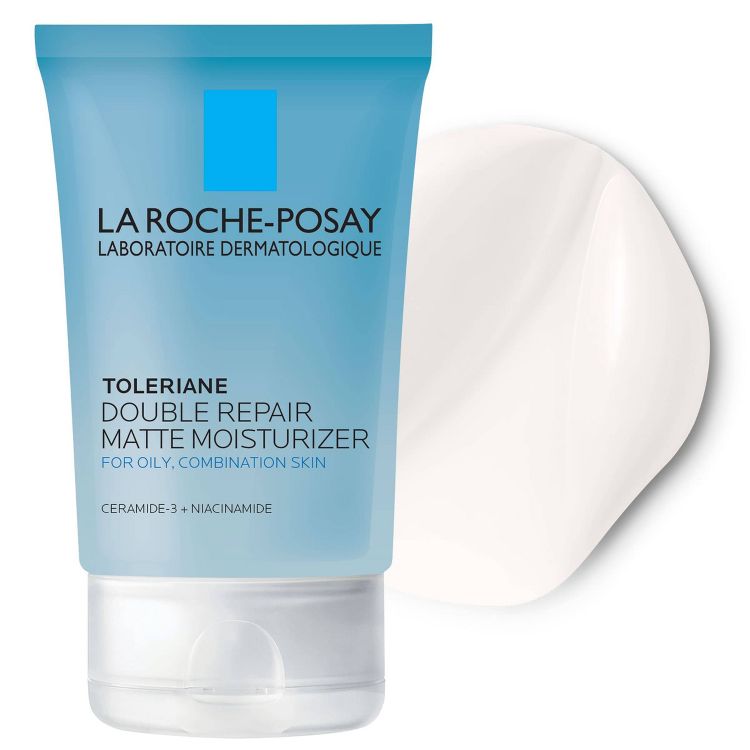 Blue colored tube of La Roche-Posay Toleriane Double Repair Matte Moisturizer for oily, combination skin with a white cream swatch beside it.