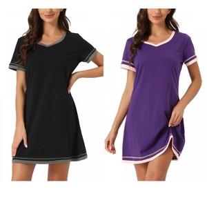 INSPIRE CHIC Women's 2 Pcs Short-Sleeve Nightshirt Color-Block V-Neck Sleepdress Set - 1 of 4
