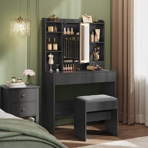 VASAGLE Vanity Desk, Makeup Vanity with Mirror and Lights, Upholstered Vanity Stool, 6 Compartments, 2 Drawers - 1 of 4
