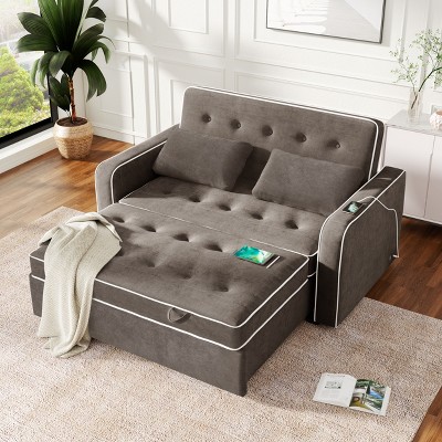 61.4" Polyester Sleeper Bed , Polyesterll Out Sofa Bed Couch attached two throw pillows,Dual USB Charging Port and Adjustable Backrest for Living Room