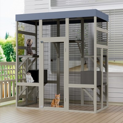 62" Outdoor Cat Enclosure with Roof,Wooden Outdoor Cat House with 2 Shelters and Platforms,Weatherproof Catio for Multiple Cats-Maison Boucle