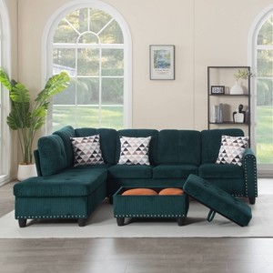 MAYEERTY 94.5 Inch L-Shaped Sectional - Solid Wood & Iron Frame, Storage Ottoman, Built-in Cup Holders - 1 of 4