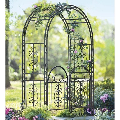 Plow Hearth Montebello Decorative Garden Arbor Trellis With Gate Beautiful Scrollwork Design Target