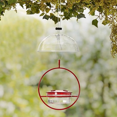 Red and Clear Hanging Metal and Plastic Hummingbird Feeder