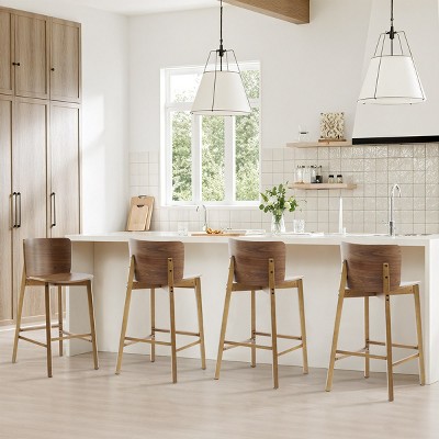 Armless Wooden Bar Stools,Rubberwood Frame Bar Chairs with Square Bentwood Seat,Low Curved Back Bar Stools for Bistro Cafe-Coolbibila