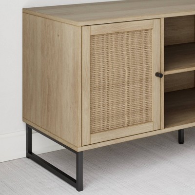 54'' Mina Matte Black and Light Oak Media Console with Rattan Cabinet Doors