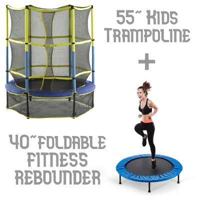 55" Mini Kids Trampoline + Round Foldable Fitness Rebounder with Blue Safety Pad - Family Set for Children & Adults