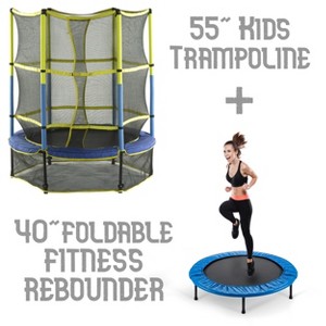 55" Mini Kids Trampoline + Round Foldable Fitness Rebounder with Blue Safety Pad - Family Set for Children & Adults - 1 of 4
