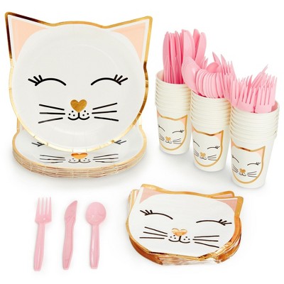 Blue Panda 144 Pieces Disposable Dinnerware Set, Cat Party Plates, Napkins, Cups, Cutlery for Kitty Party Decorations (Serves 24)