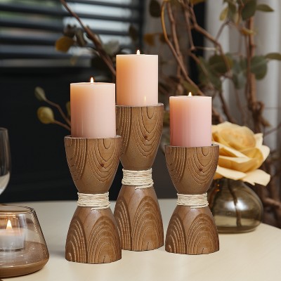 Rustic Pine Wood and Rattan Pillar Candle Holder Set
