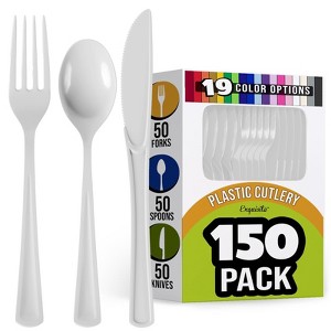 Exquisite Solid Color Plastic Utensil Cutlery Set Forks Spoons Knives- 150 Pack - 1 of 4