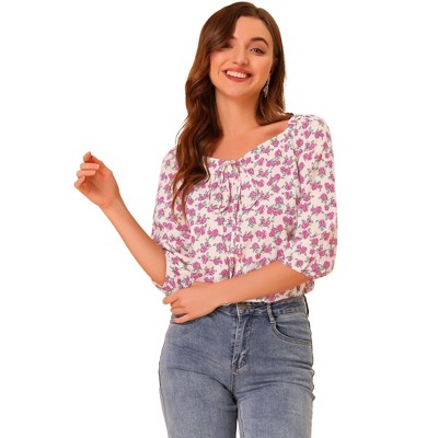 INSPIRE CHIC Women's Square Neck Half Sleeve Floral Blouse