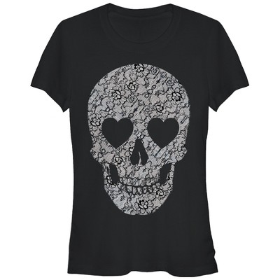 Juniors Womens Lost Gods Halloween Lace Print Heart Skull T-Shirt