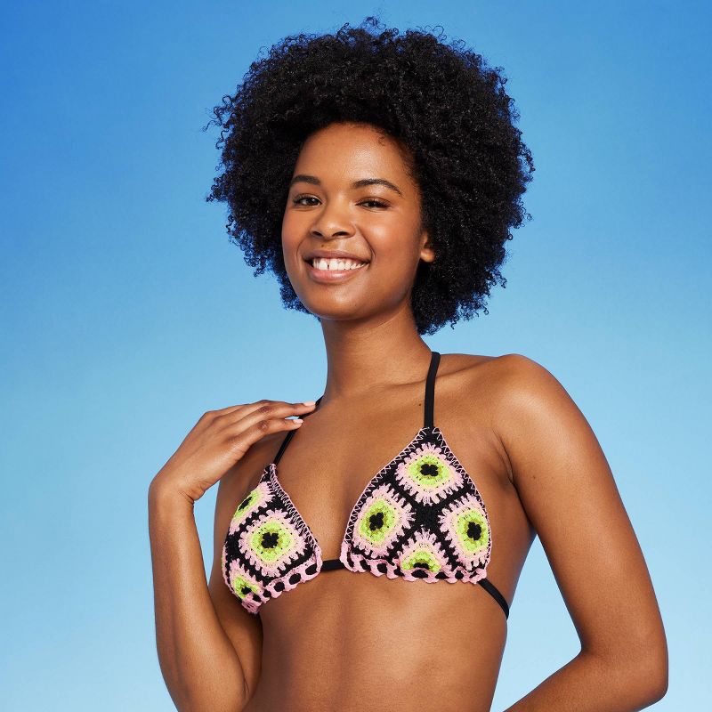 Women's Crochet Square Triangle Bikini Top - Wild Fable™ Black/Pink, 4 of 9
