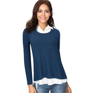 Women's Long Sleeve Contrast Collared Shirts Patchwork Work Blouse Tunics Tops - 1 of 4