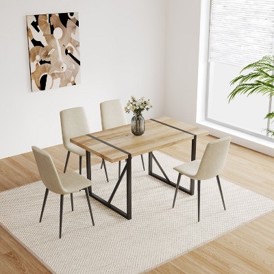 NicBex Kitchen Table Set for 4 Modern Dining Room Table with Wooden Tabletop, Geometric Legs and 4 Linen Chairs for Dining Rooms