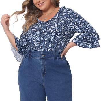 Agnes Orinda Women's Plus Size Floral Print V Neck Tiered Ruffle 3/4 Sleeve Casual Blouse
